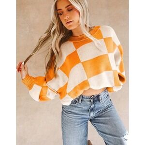 Mustard Yellow Checkerboard Oversized Knit Sweater Crewneck XL